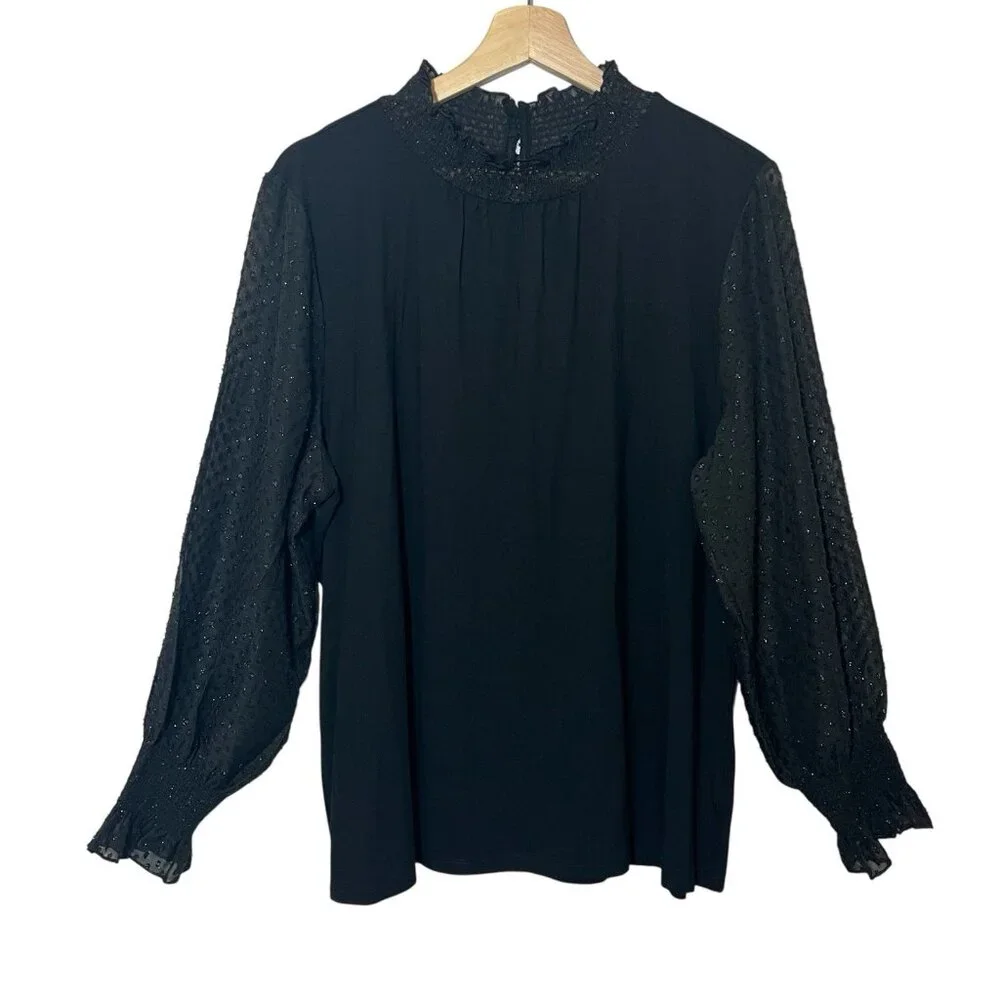 Talbots Women’s Black Blouse Plus Petite 2X Majesty Long Sleeve Smocked Stretch - Picture 2 of 13